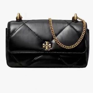 Tory Burch Black Mini Kira Diamond-Quilted Flap Bag with Gold Chain